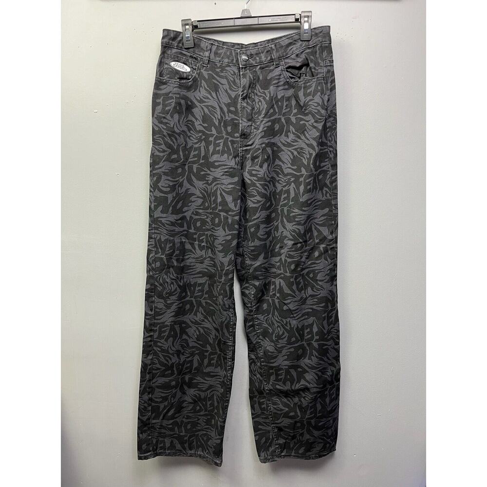 No Fear x H&M Jeans Womens Size 10 Gray Wide Leg All Over Print Denim Y2K Street